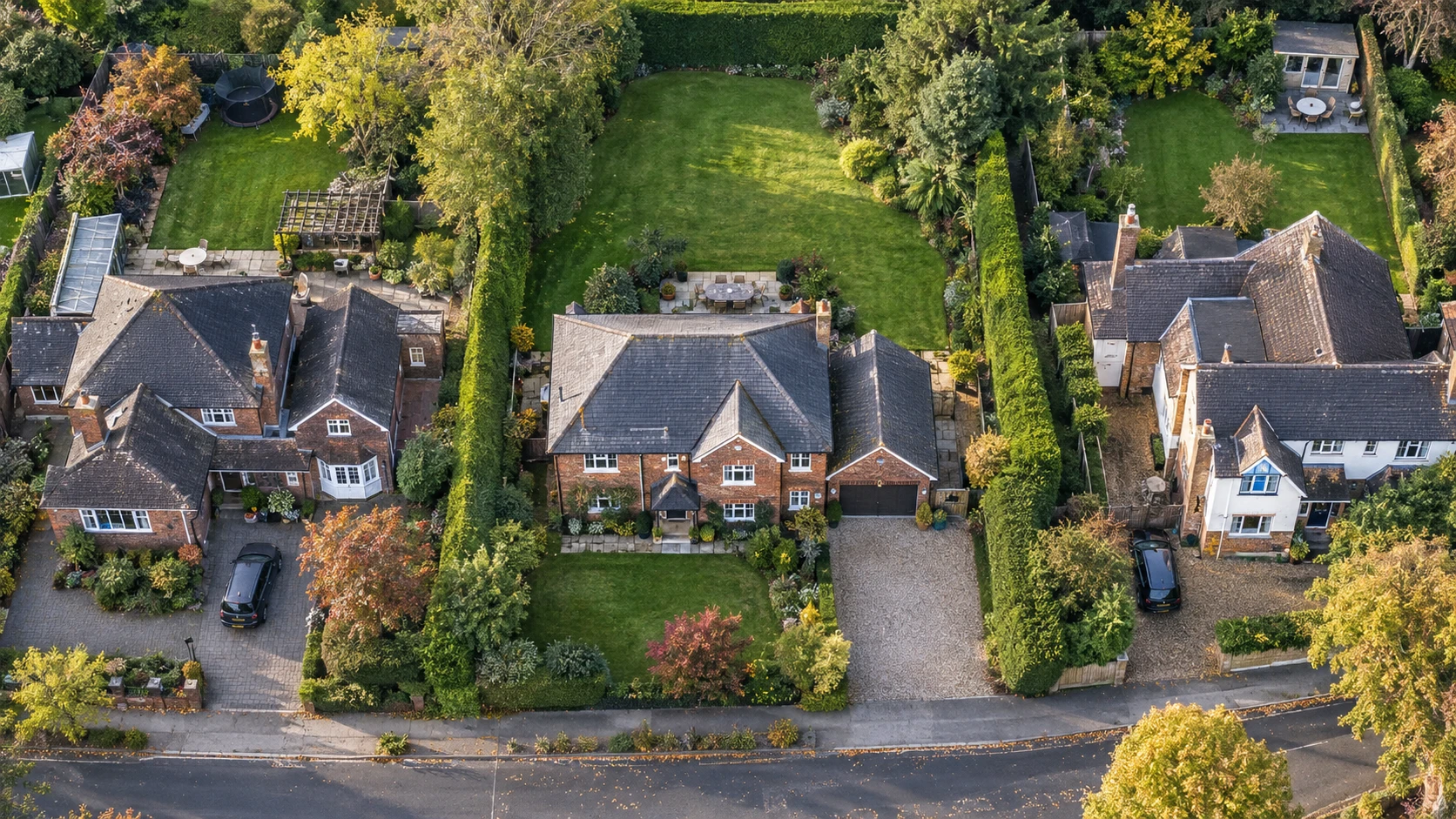 Illustrative aerial photograph of a redbrick house, driveway and large rear garden bordered by hedges