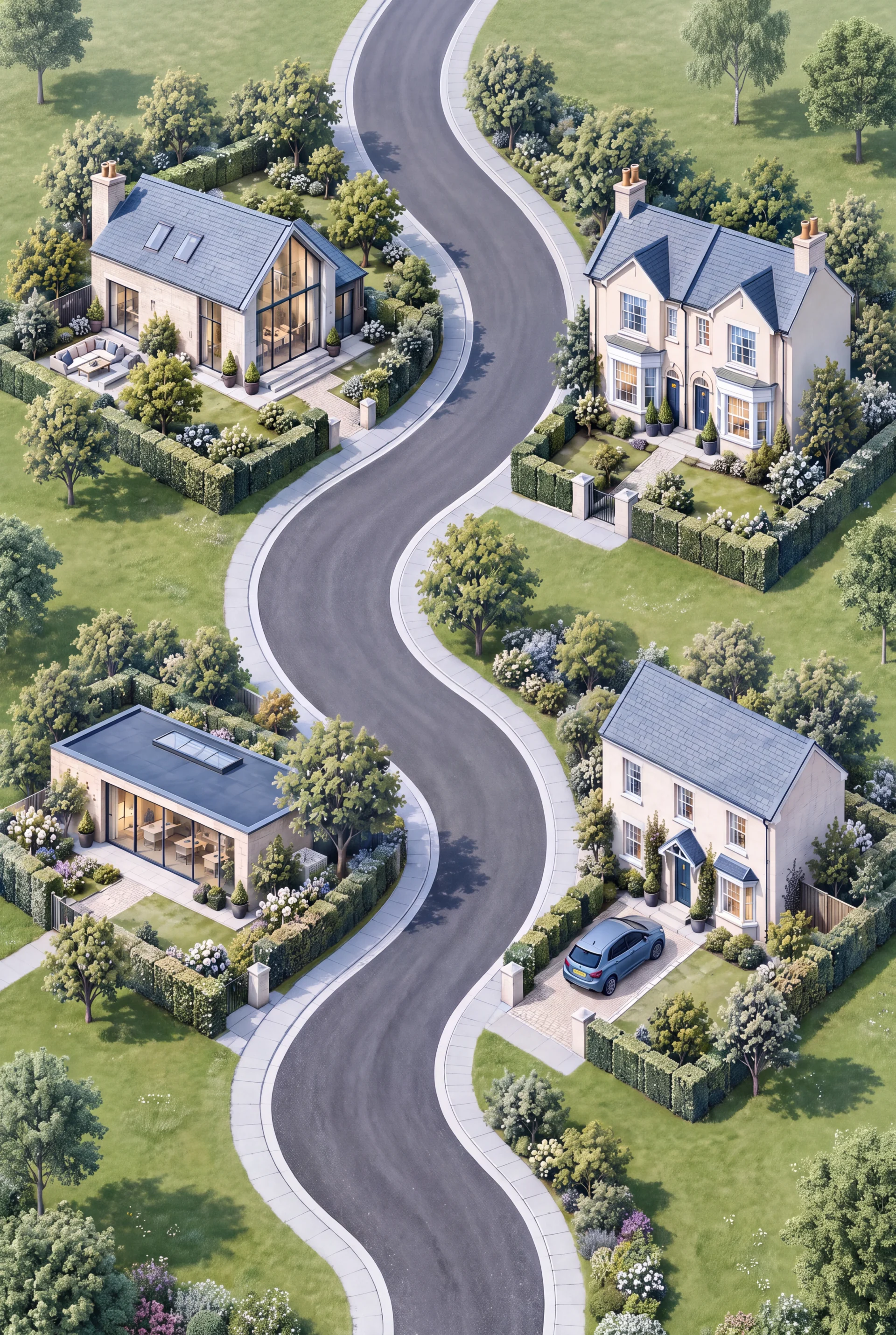 Modern homes and a parked blue car beside a winding crescent