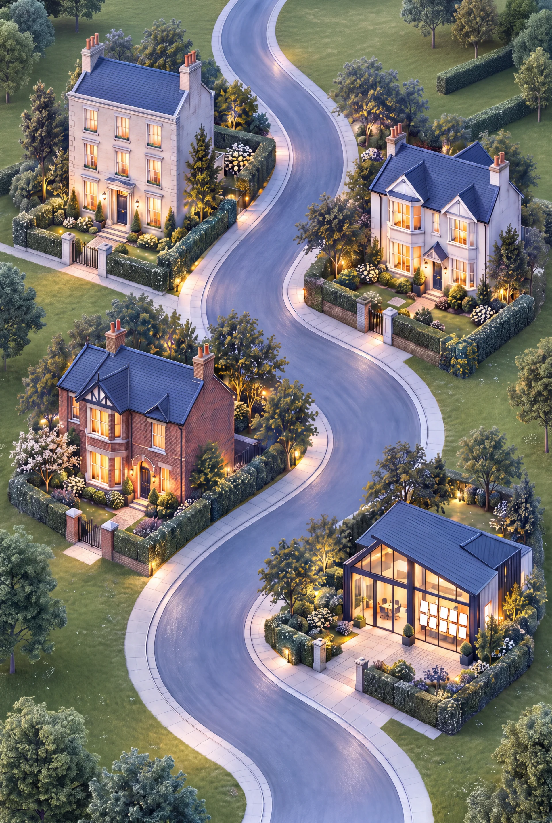 Neighbourhood at dusk with warm windows and an estate agency