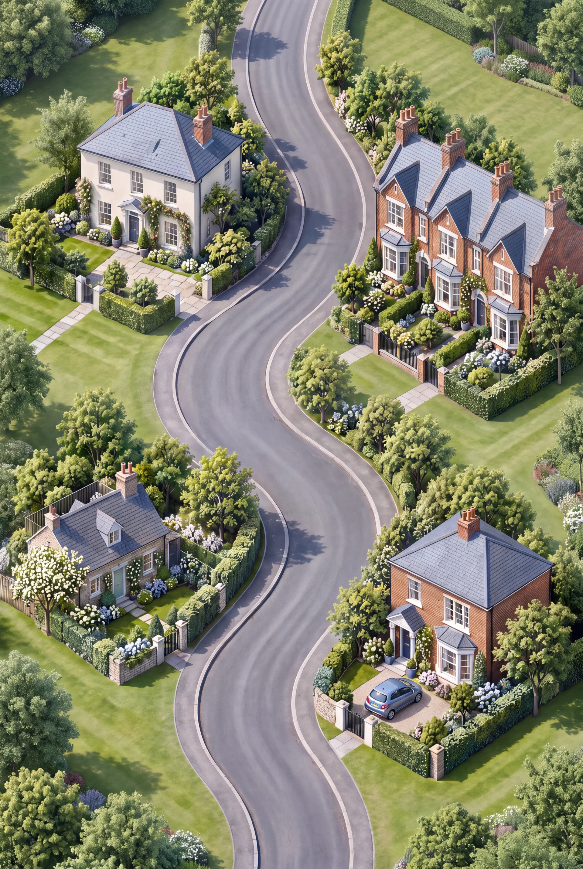 Leafy neighbourhood with a cream house, redbrick homes, gardens and a blue car