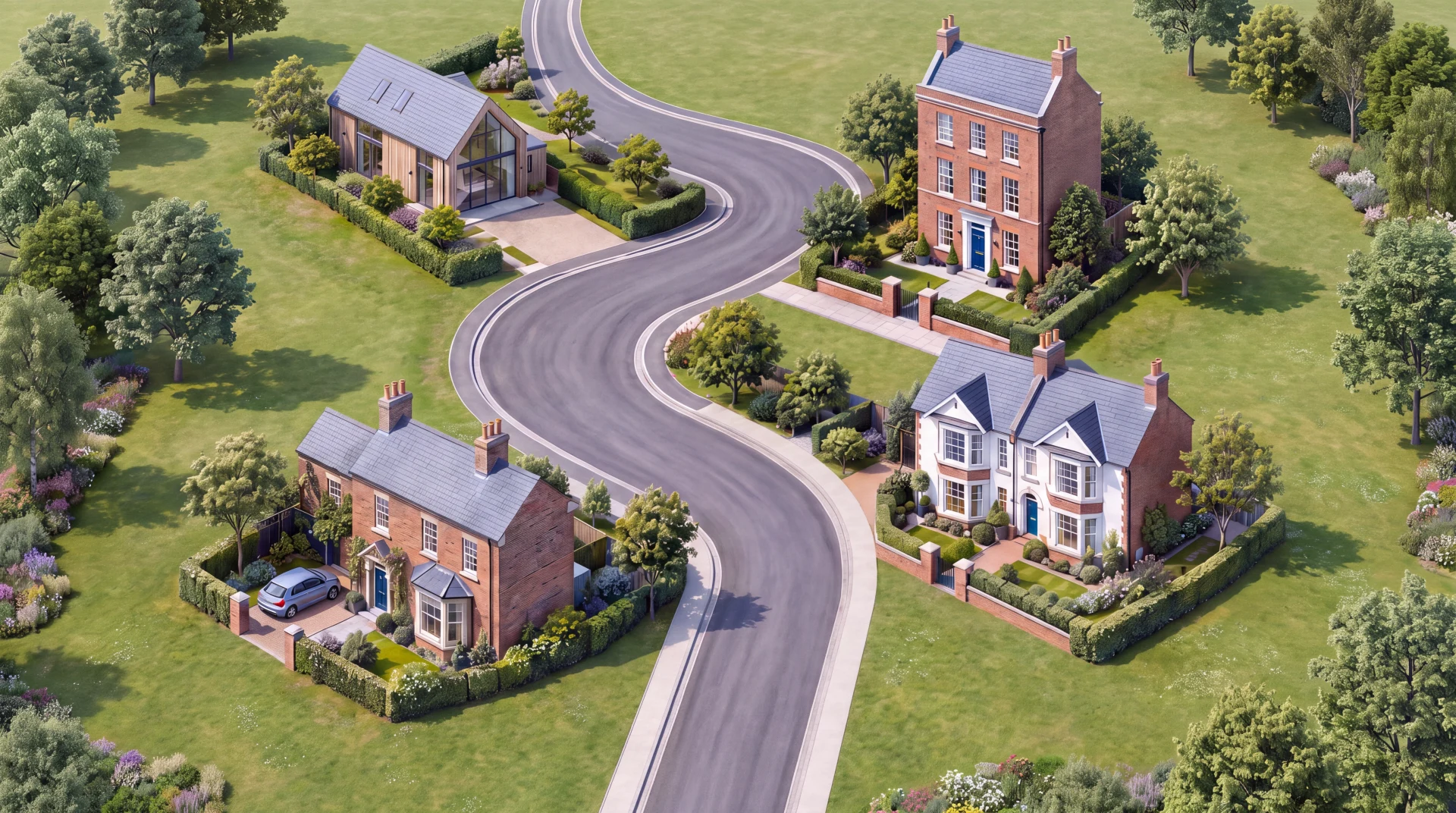 A winding British residential street with gardens and distinctive homes